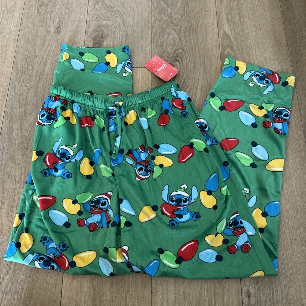 Disney Stitch Lounge Pajama Pants Holiday Lights Green Medium NEW